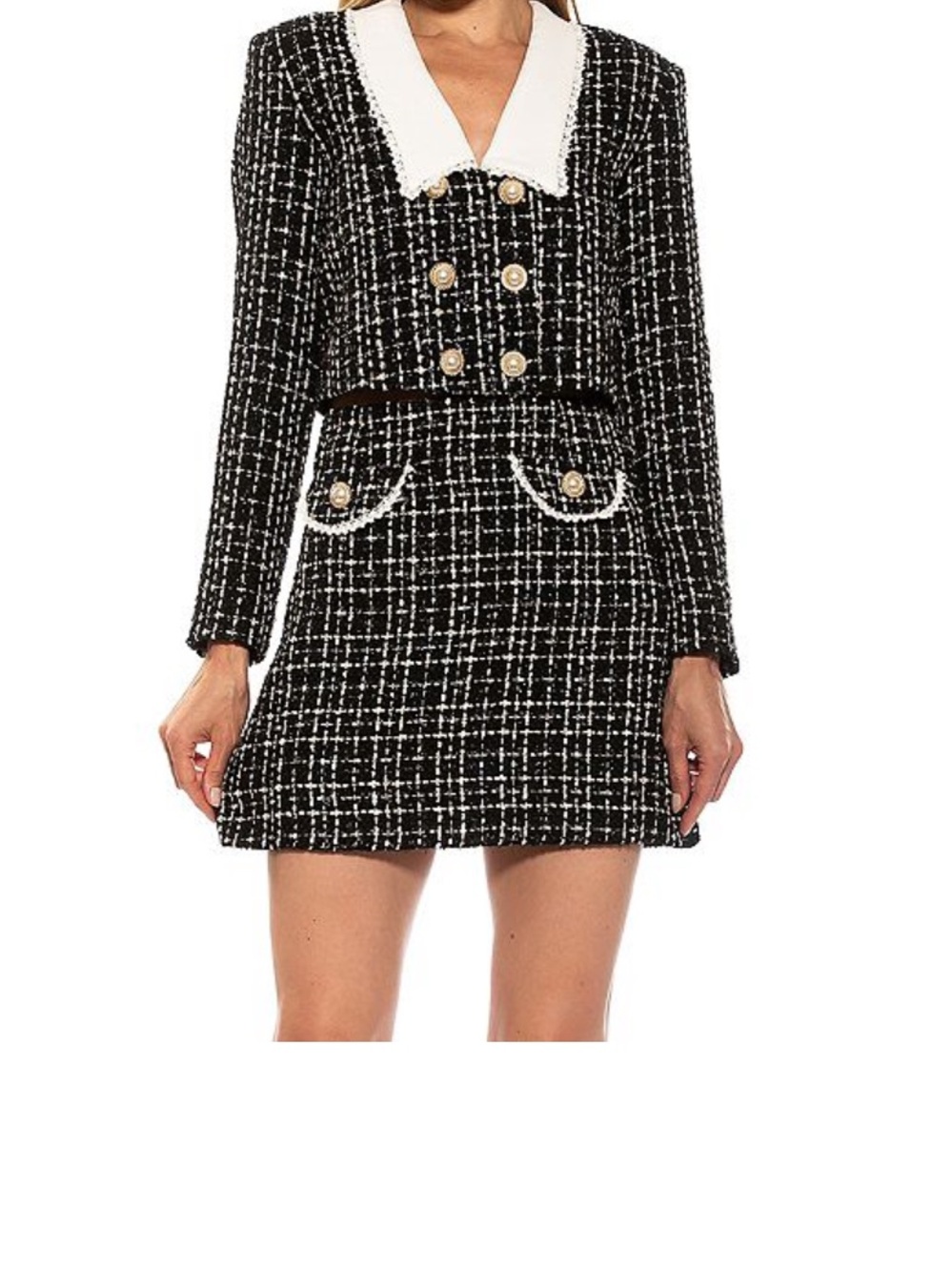 Cropped Black & White Tweed Two-Piece Set